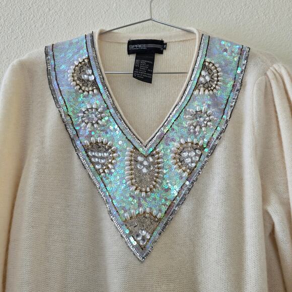 Spree International Vintage Embellished Wool Angora Sweater Beaded Cream Women M - Picture 2 of 12